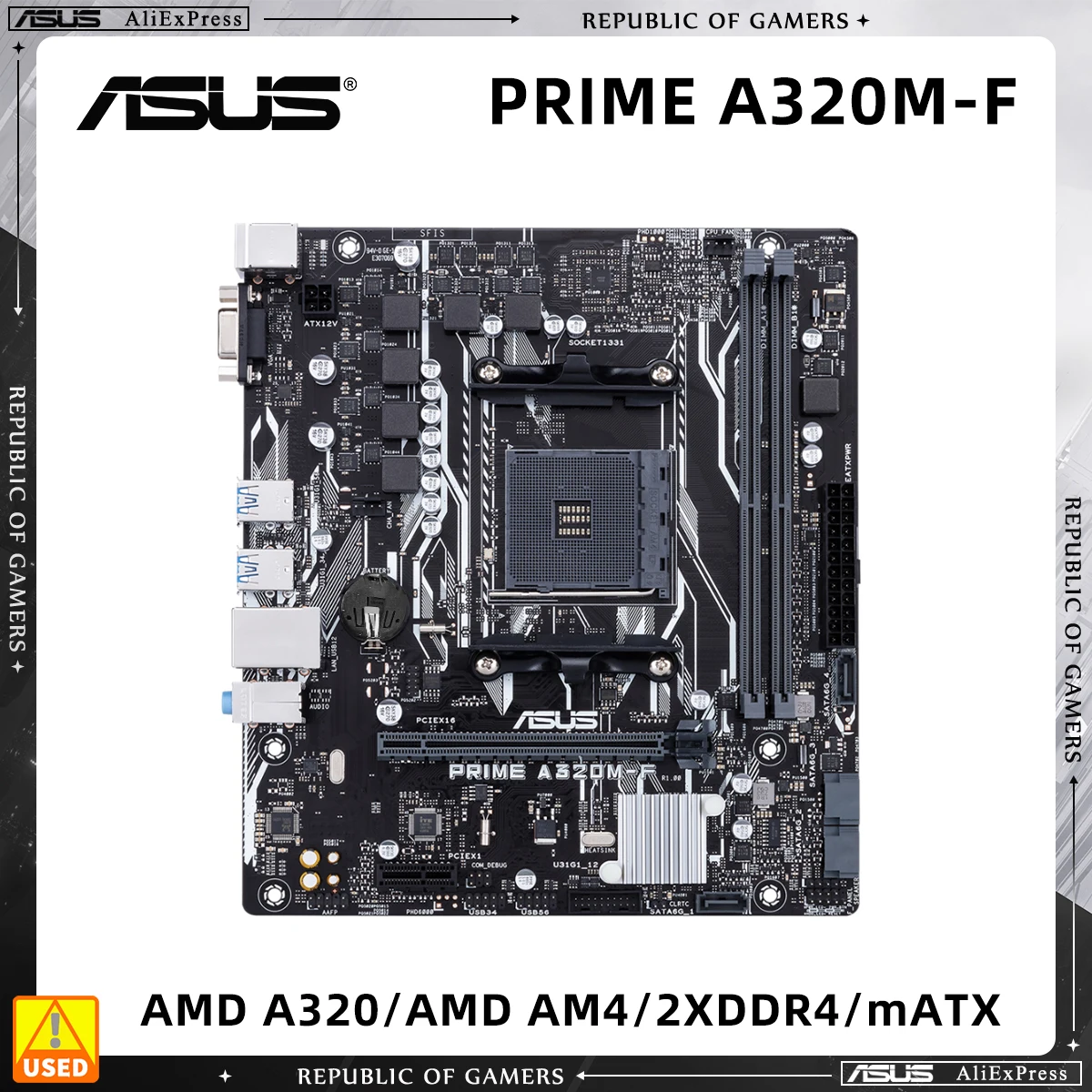 Used Motherboard, ASUS PRIME A320M-F, A320 Chipset, AM4 Socket for Ryzen 2nd Processors, Micro ATX Form Factor, Dual DDR4 Slots