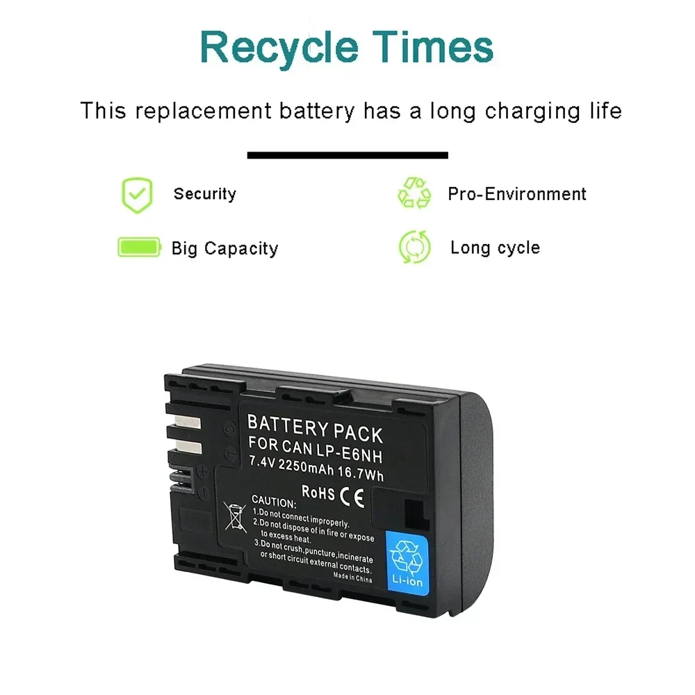 LP-E6NH Batería de repuesto 2250 mAh y cargador USB de triple ranura para Canon EOS R7, R5, R6 R6 II, EOS R, 5D II III IV