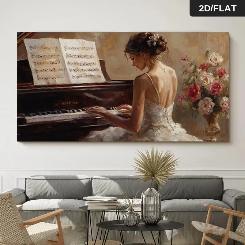 2D Flat, 2D/Flat, Posters And Prints Single Panel 27.56 X 55.12 Inches / 70 X 140 Cm Modern Abstract Frameless Girl Playing Pian