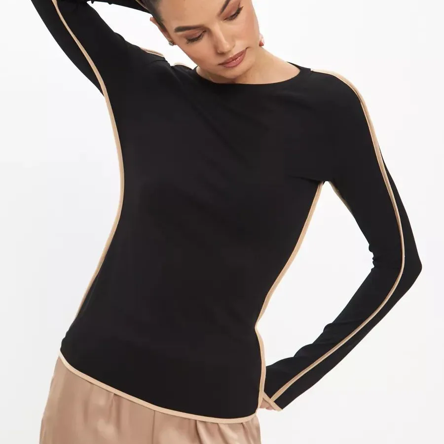 

Color Blocked Striped Top, Long Sleeved Round Neck T-Shirt