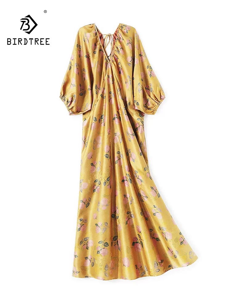 

BirdTree-Silk Watered Gauze Elegant Dress, V Neck Lantern Sleeve Floral, Women Beach Vacation Loose Dress, 2026 Summer D657102CC