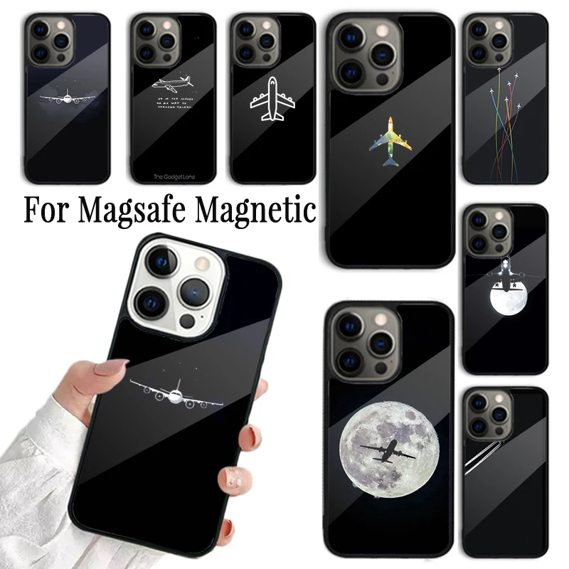 Phone Case For iPhone 16 15 14 13 12 Mini 11 Pro Max Plus Magsafe Magnetic Wireless Charging Cover Aircraft Plane Airplane Black