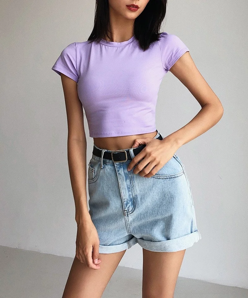 Cseta de Manga Corta Estilo Americano para Mujer, Verano, Básica, Ajustada, Ombliguera, Versátil, Color Sólido, Top Corto