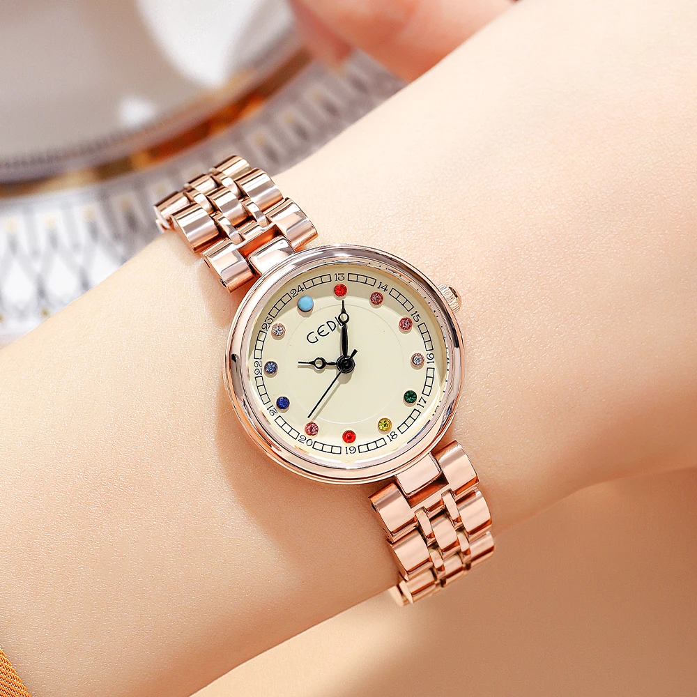 

GEDI Fashion Colorful Diamond Quartz Wrist Watch for Women Luxury Rose Gold Stainless Steel Waterproof Ladies Wristwatch Clock