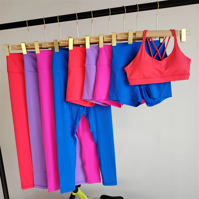 Solid Color Yoga Suit 3 Piece Gym Women Sports Suit Solid Color Cross Beauty Back Bra Running Pilates Dance Hot Girl Fitness Set