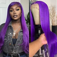 Peluca con malla frontal sintética larga y recta púrpura, parte libre, línea de cabello prearrancada, peluca de pelo de color ondulado largo y rizado suelto para mujer