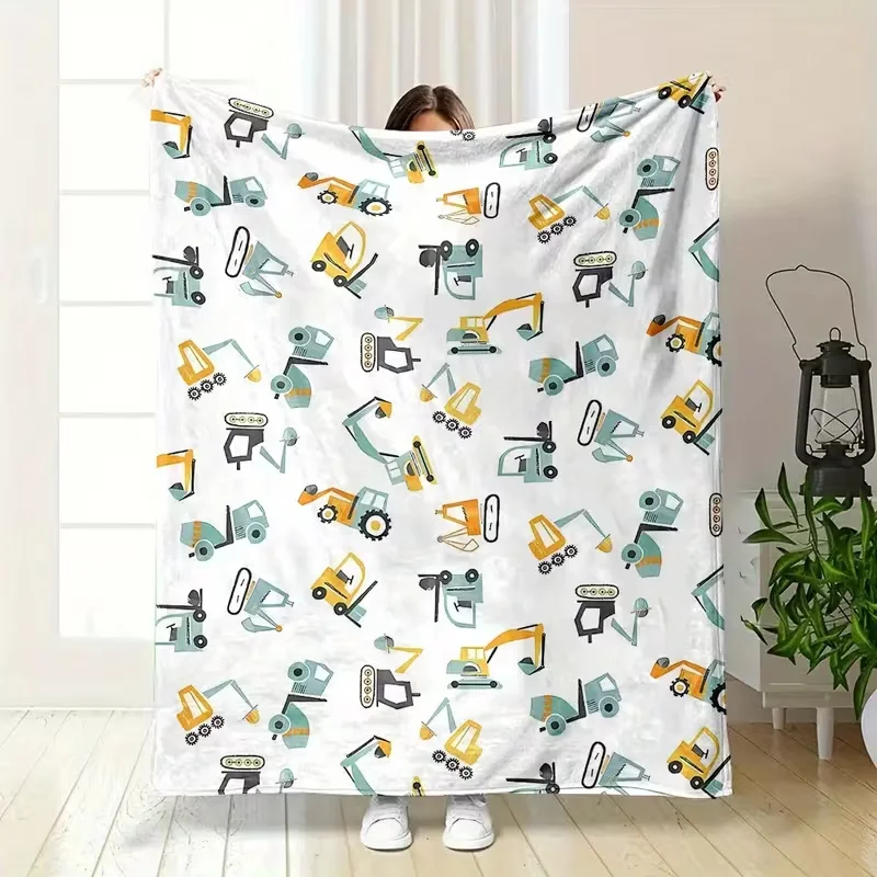 Cute Cartoon Construction Vehicle Flannel Blanket Excavator Truck Digger Print Soft Blanket Sofa Bed All Season Use