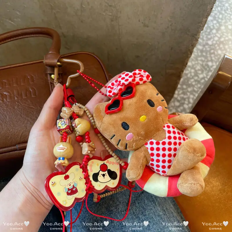 Hellokitty pluche telefoonketting Kawaii zwart leer roze Polka Dot Kt pop hanger auto hanger student rugzak sleutelhanger cadeau