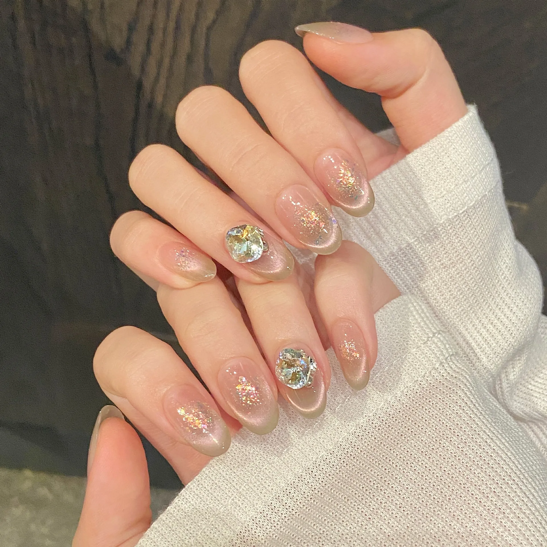 10 stuks handgemaakte nepnagels kunst kattenoog volledige dekking nageltip datachable middellange ovale druk op nagels glitter diamant valse nagel