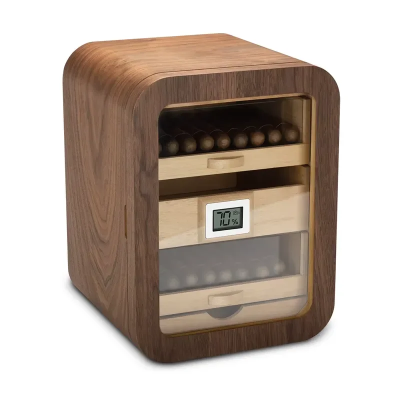 Lager Capacity Cigar Cabinet Cedar Wood Cigar Humidor Stylish Curved Ebony Light New Design High-quality Cigar Box