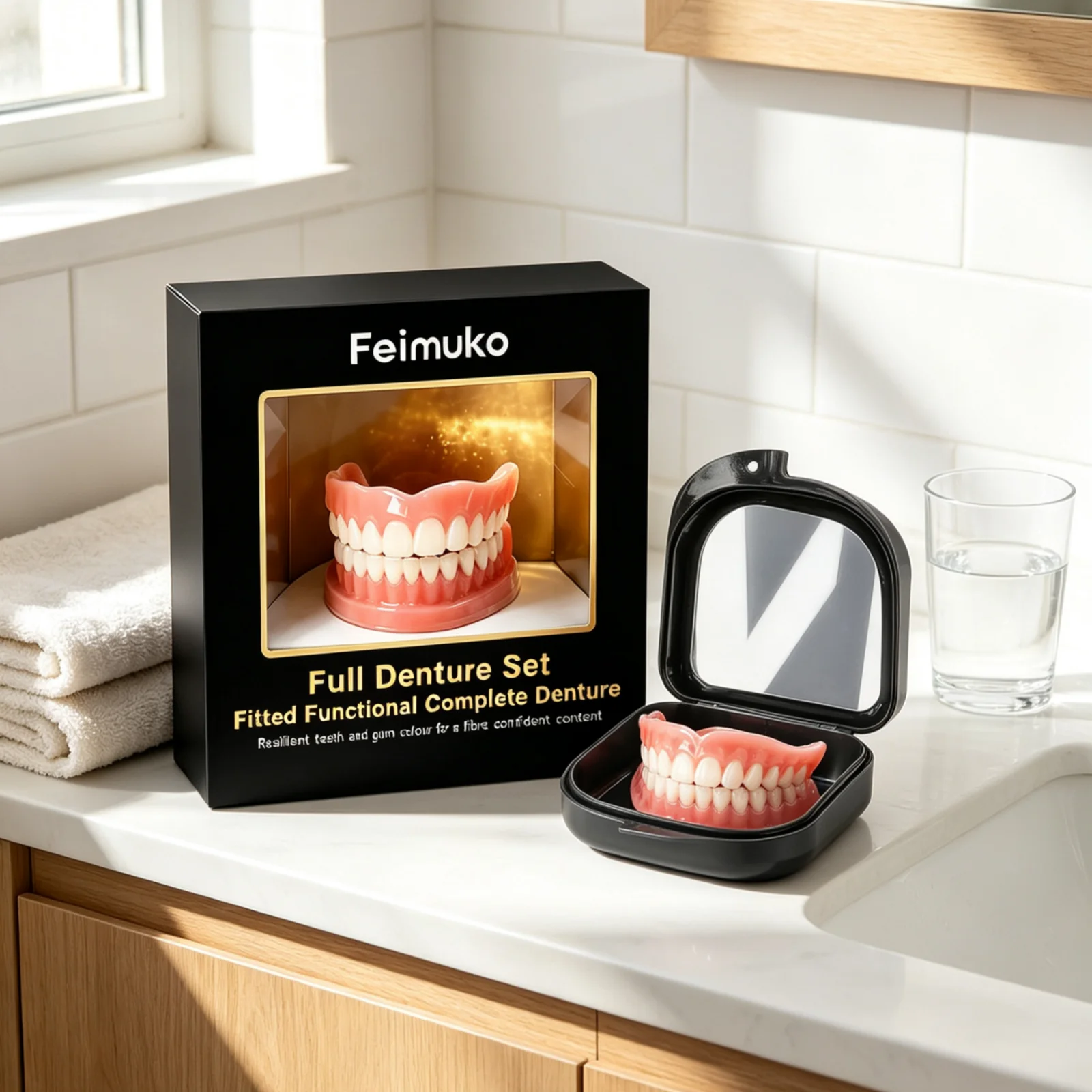 Feimuko Complete Denture Molding Kit Smoothing Edge Comfortable Wear Natural Smile Reusable Temporary Dentures with Storage Box