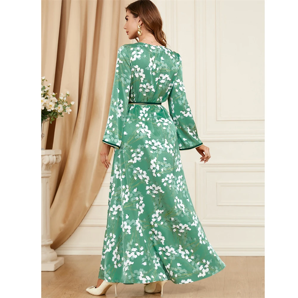 Vestido islámico árabe con bordado Floral para mujer, traje musulmán con cinturón para fiesta de noche, Ramadán, Jalabiya, Abaya