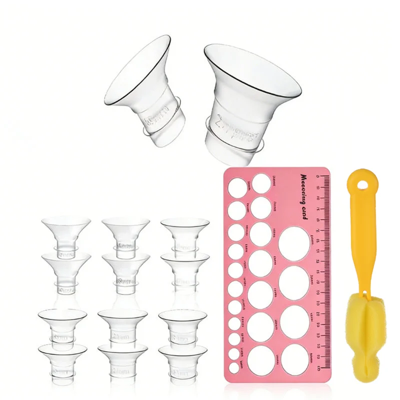8-piece breast pump set with transparent horn cover, multiple sizes, inner lining, protective adapter, and free cleaning brush.