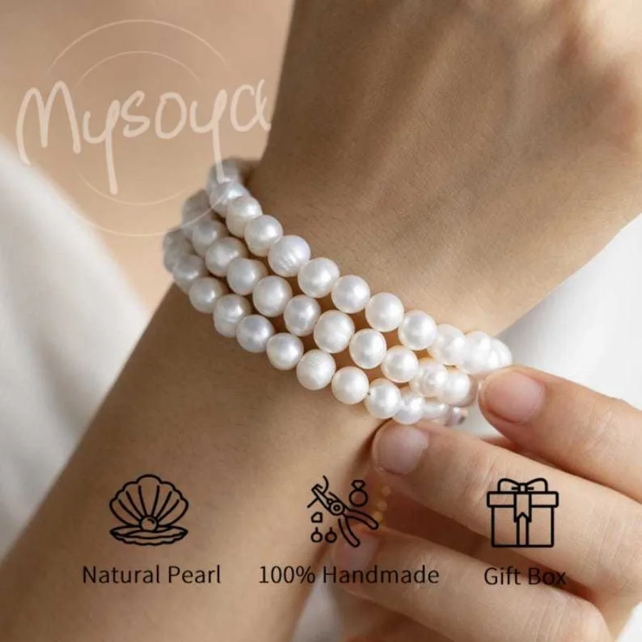 

MYSOYA 6-7 мм браслет из натурального белого пресноводного жемчуга для женщин и мужчин с подарочной коробкой идеальный подарок на день рождения, свадьбу, ювелирные изделия