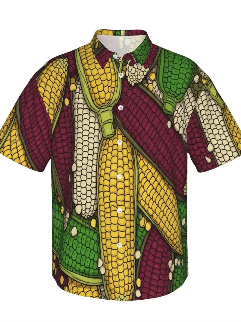 

Corn Cob Print Hawaiian Men's Shirts Colorful Corn Graphic Button Down Short Sleeve Casual Beach Tops Y2k Clothes