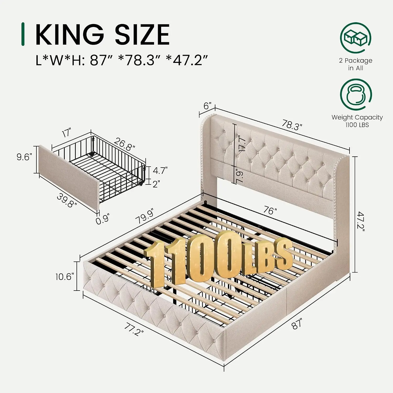 King Size Bed Frame with 4 Storage Drawers and 47.2