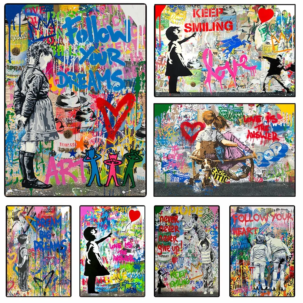 Banksy Art Print, Ballon Girl Keep Smiling Room Decor, Graffit Wall Art, Bedroom Decor, Canvas Painting, Retro Vintage Poster