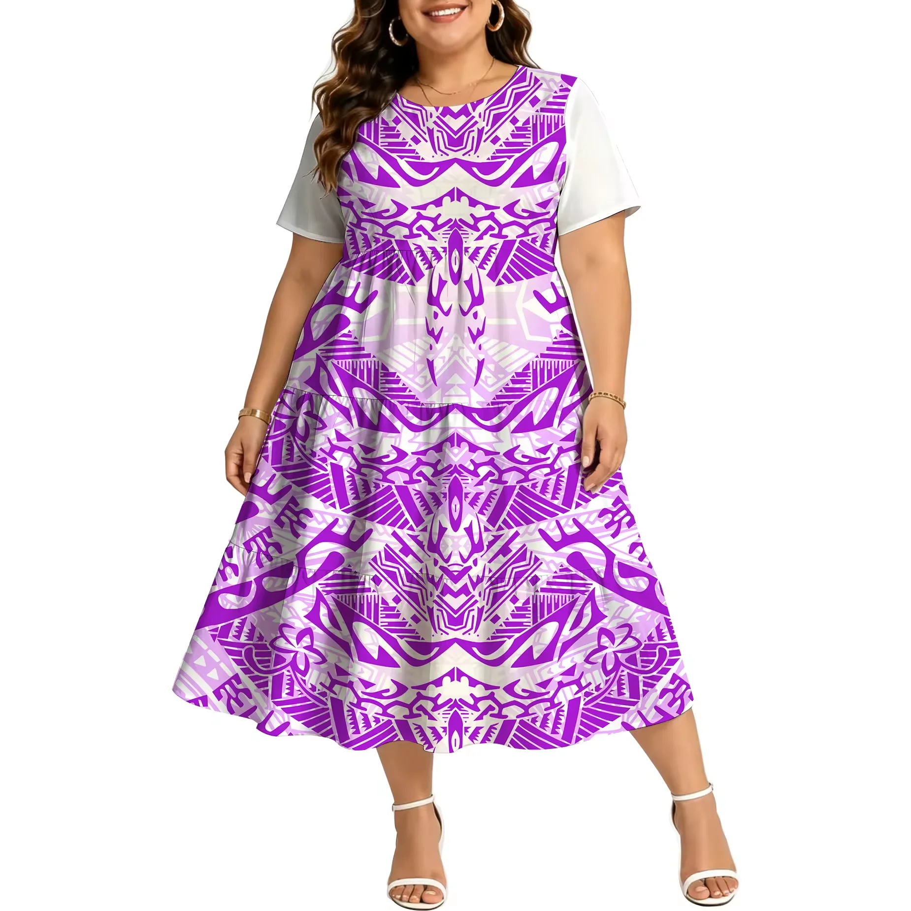 Factory Wholesale Hot Sale Purple White Polynesian Tribal Print Plus Size Women Short Sleeve Tiered Swing Midi Dress Custom