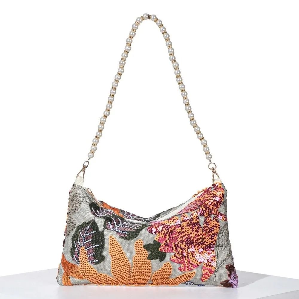 Unique Sequin Shoulder Bag Large Capacity with Shoulder Strap Prom Evening Bag Floral Pattern Bridal Party Bag