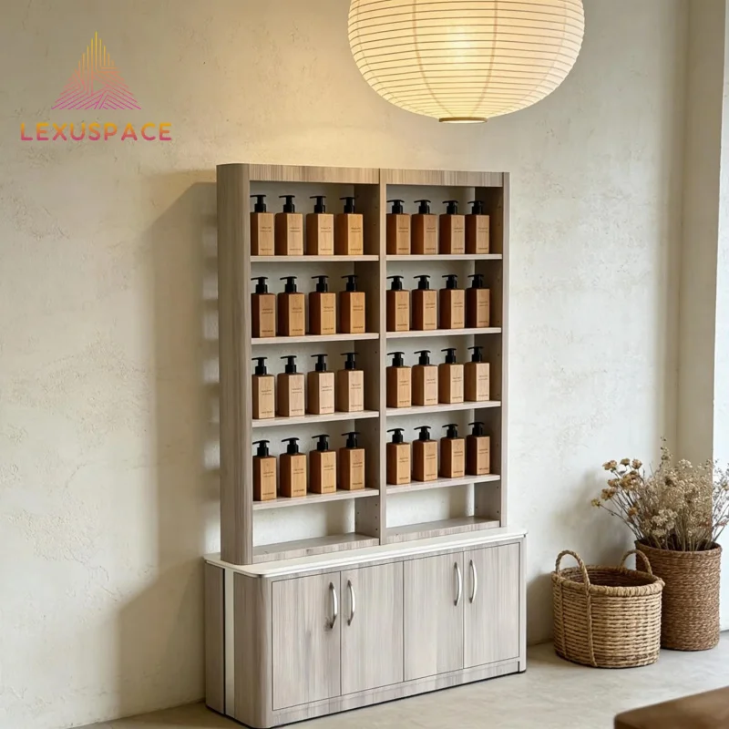 custom.2026 High End Beauty Shop Salon Furniture Wooden Storage Nail Polish Display Modern Cosmetic Display Cabinet Sal