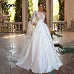 Elegant A-line Satin And Lace Bridal Gowns Scoop Neck Long Brides Dresses Sexy Backless Beach Wedding Dresses Robes de marié