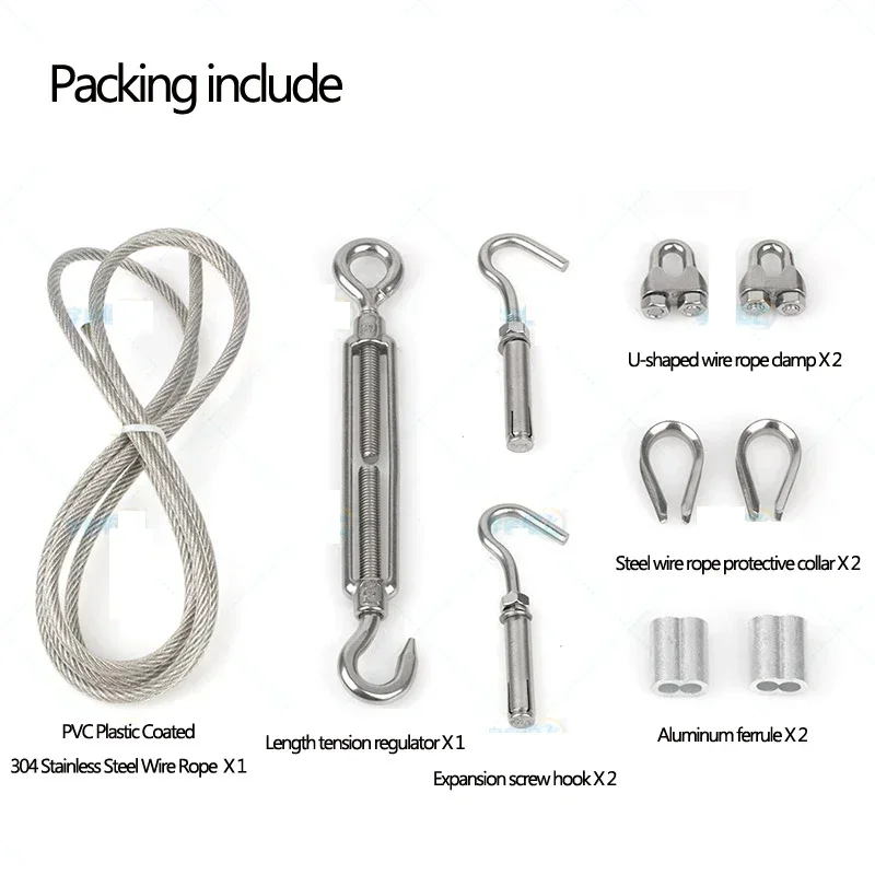 Complete set Clothesline Plastic Coated 304 Stainless Steel Wire Rope Household or Outdoor Clothes line With Expansion ScrewHook