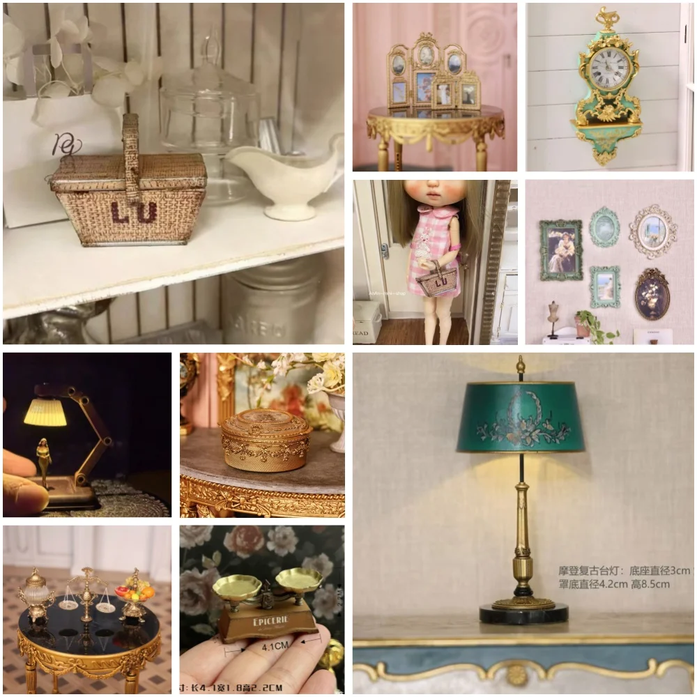 DollHouse Miniature Vintage Balance Accessory Handmade Luxury Palace Screen Mirror Mini Desk Lamp Antique Storage Box Decoration