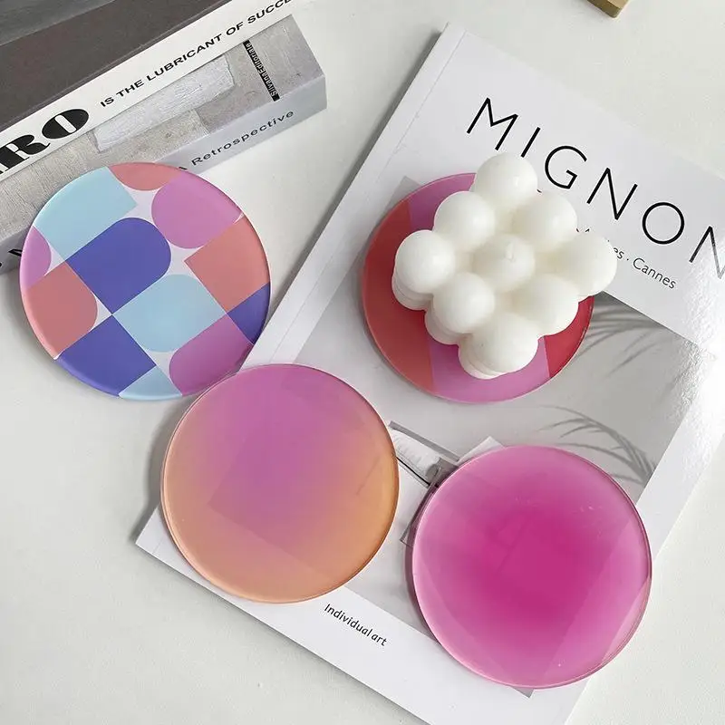 2pc 9.5cm round Nordic rose red acrylic coasters 5mm high-definition coffee heat-insulating pad  Table decoration  mat