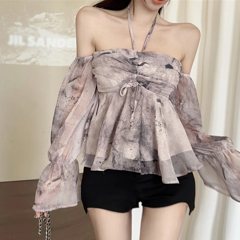 Ladies Floral One-Shoulder Hanging Neck Chiffon Shirt Summer Sunscreen Long-Sleeved Short Shirt Blouse Top