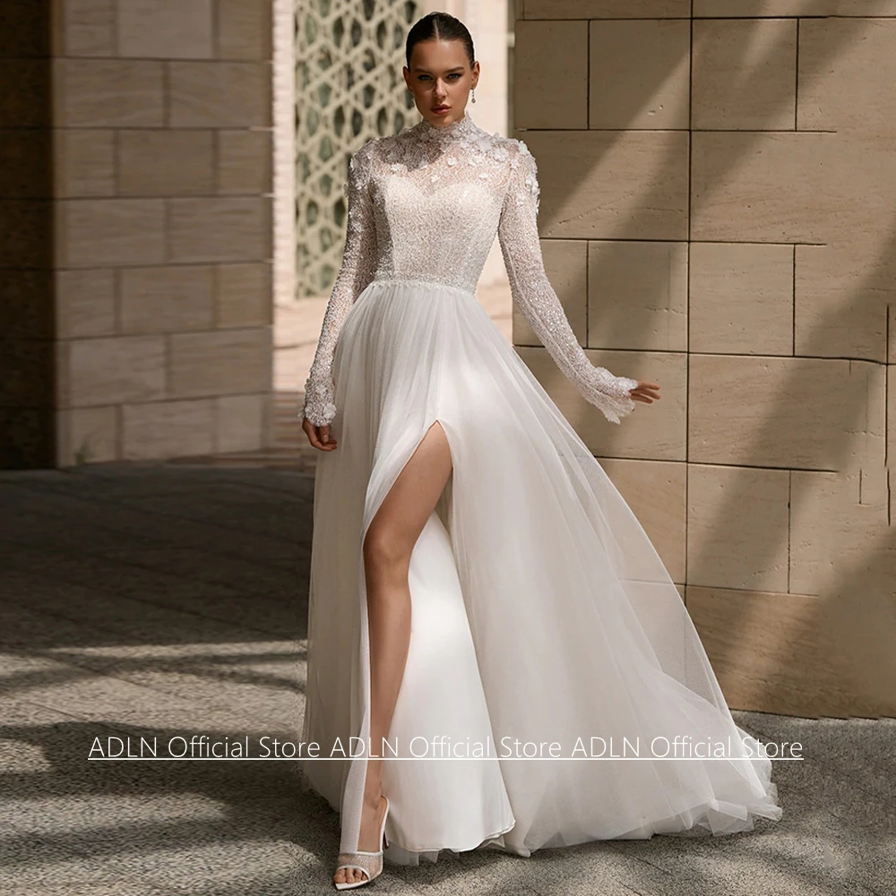 Wedding Dress Customized High Neck Full Sleeves Beading Sequined Lace Open Back Glitter Flowers Bridal Gown for  Bride