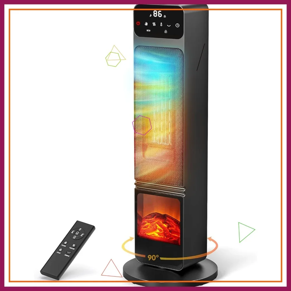 

750W/1500W Electric Tower Heater with 3D Flame, 90° Oscillation, Child Lock, Eco Mode, Timer & Remote for Home Office
