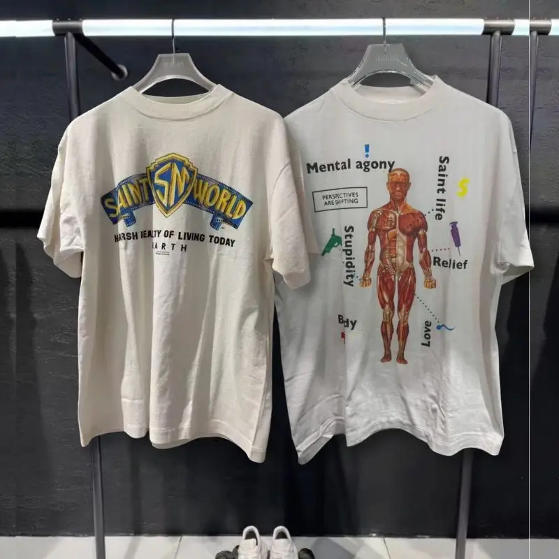 Summer Street Cotton Saint Tshirts Washed White Round Neck Short Sleeve Human Muscle Shield Badge Pattern Men Women Tops Outfit