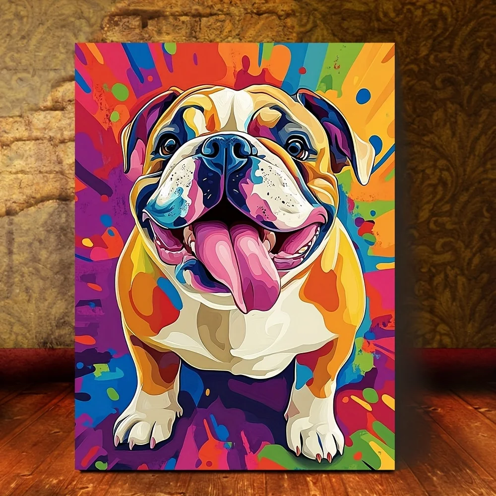 Retro Bulldog Canvas Wall Art Framed Wooden Frame Multi-Color Abstract Design Ideal for Home Office,Living Room&Bedroom Decor