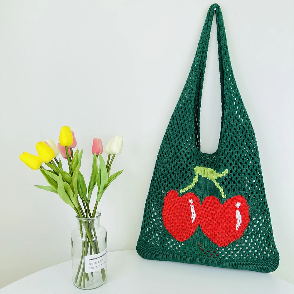 

Women Crochet Tote Handbag Cherry Printed Travel Shopping Handbag Large Capacity Aesthetic Knit Bag Ladies Daily Handbag