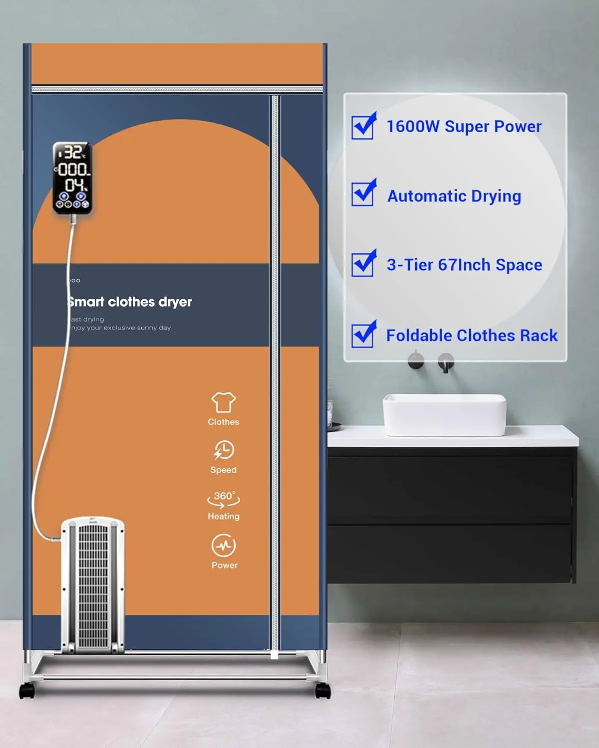 휴대용 110V 1600W 의류 건조기, 아파트, 실내, 여행, RV용 67' 3단 접이식 건조대