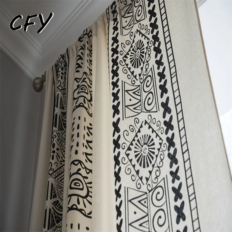 

Black White Geometric Cotton Linen Window Curtains for Living Room Short Vintage Farmhouse Deco Tassel Drapes Kitchen Valance