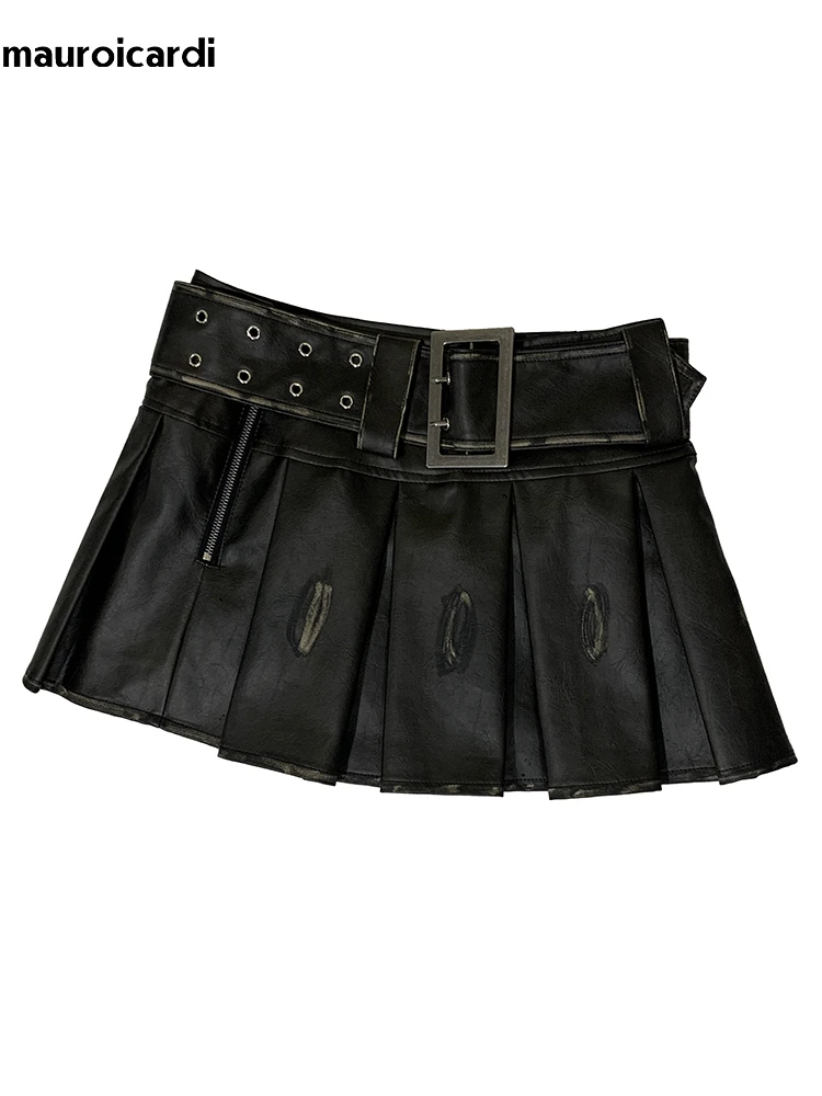 Lautaro Summer Autumn Distressed Brown Pu Leather Mini Pleated Skirt Women Belt High Waist  Short Luxury Designer Clothes 2025