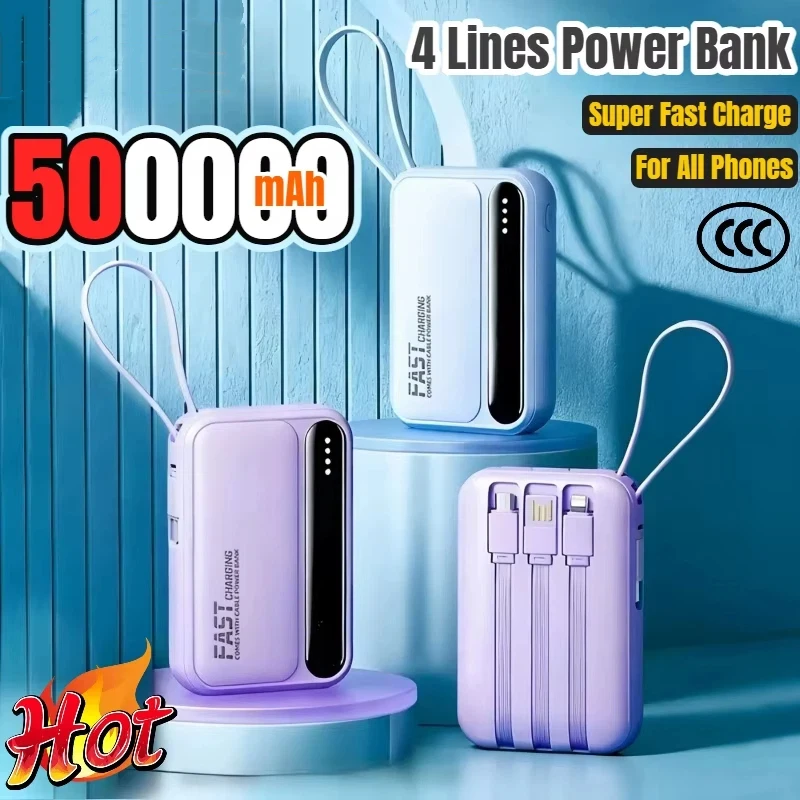 500000mAh Power Bank Large Capacity Super Fast Charging Portable External Battery Built in 4 Cables for All Phones
