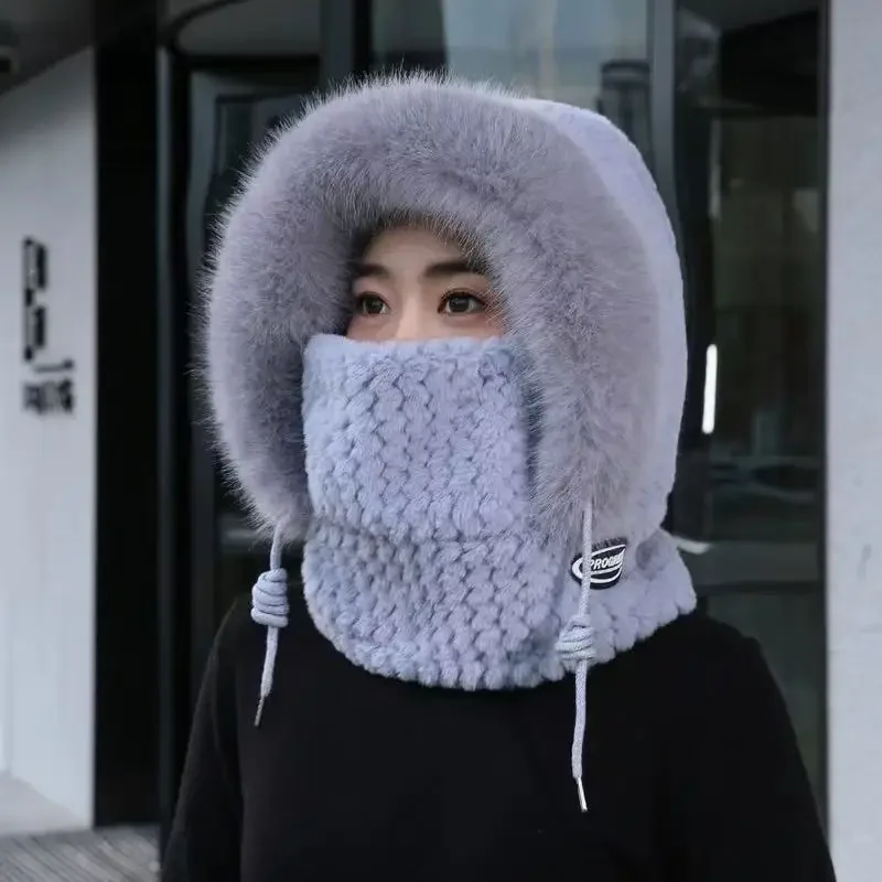Autumn and Winter Women Thermal Plush Hat Hood Scarf and Mask Ear Protection Windproof Thick Design for Riding Outdoor