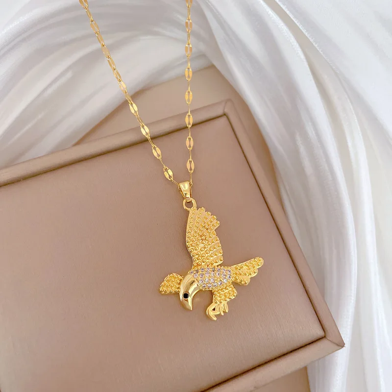Stainless Steel Original Design Eagle Wings Pendant Necklaces for Women Men Personality Full Zircon Collar Jewelry Colorfast