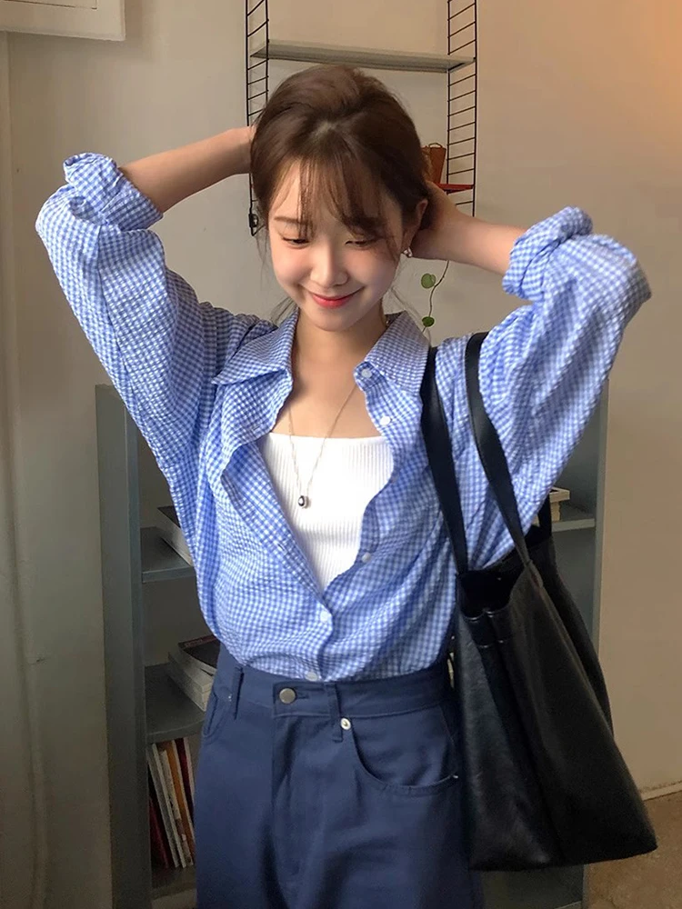 قميص نسائي أنيق بأكمام طويلة وواسعة مناسبة لفصل الخريف المبكر، بتصميم مربعات وطبعة فقاعية، أسلوب كوري مريح مع أزرار، مثالي لل... #3