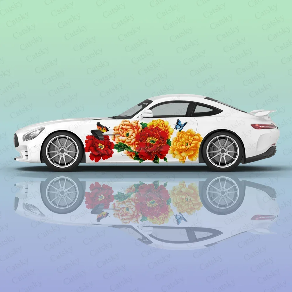 Colorful Beautiful Peony Pattern Car Body Sticker Vinyl Auto Accessories Side Decal Decoration Sticker Wheel Protective Film