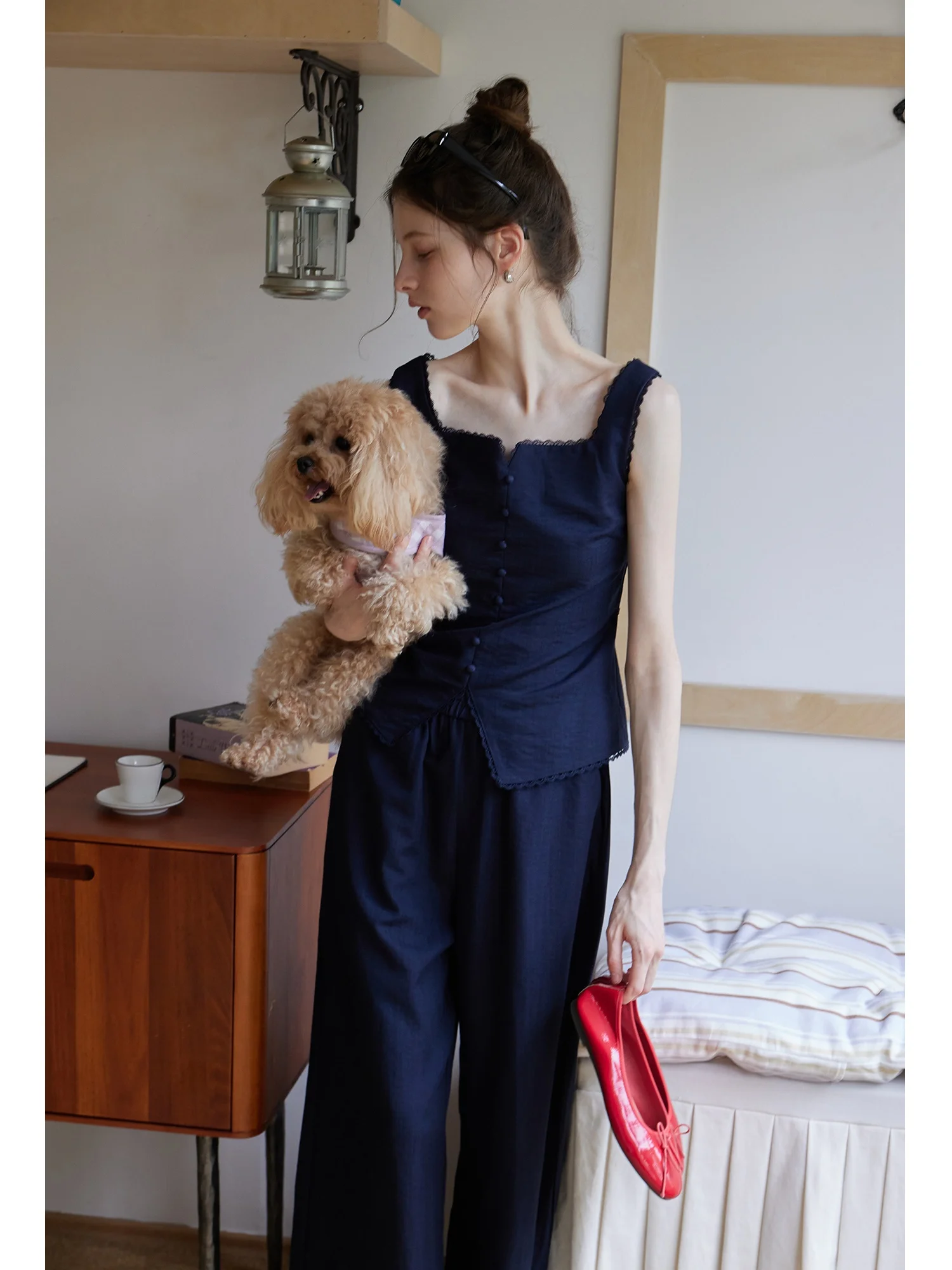 

Eggka, летний утягивающий жилет с цветочной отделкой на талии и завязками на талии, комплект с широкими штанинами и высокой талией, женский модный повседневный костюм из двух предметов