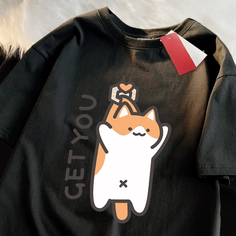 Ropa de estilo japonés con estampado de gato divertido para bebé, camiseta de gran tamaño a la moda para mujer, Tops informales con cuello redondo, camiseta holgada de verano Y2K