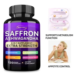Saffron Ashwagandha, 6-in-1 Extra Strength Supplement - Improve Mood & Vision, Relieve Stress, Boost Metabolism, Increase Energy