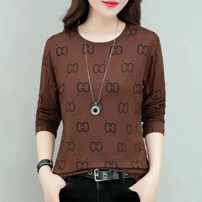 Spring Autumn Pullover Round Neck Geometric Printing Long Sleeve Contrast Color All-match Women's Clothing Undershirt Tops