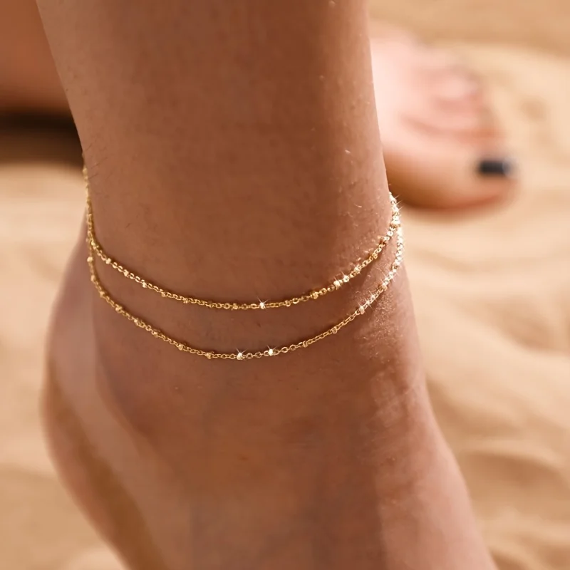Fashion Simple Design Chain Double Anklet, Suitable for Women's Daily Hundred with Accessories Personality Trend Jewelry