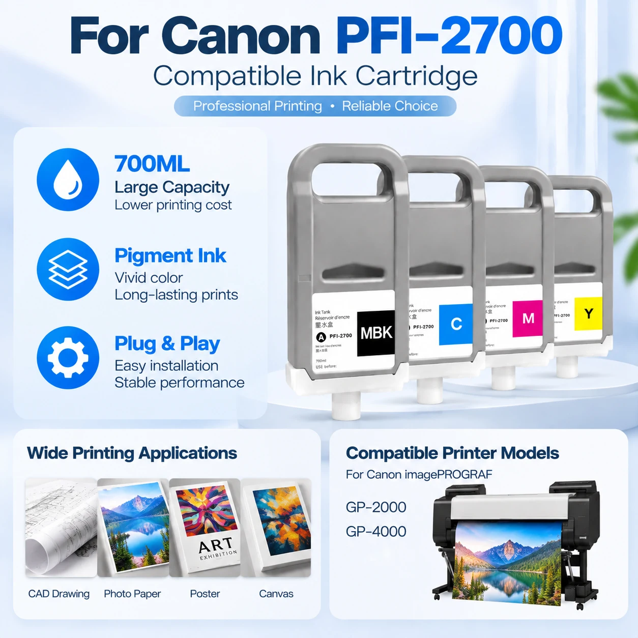700ml 11Color PFI2700 PFI-2700 Ink Cartridge for Canon Image PROGRAF GP-2000 GP-4000 GP 2000 4000 Large Format Printer 100% Work