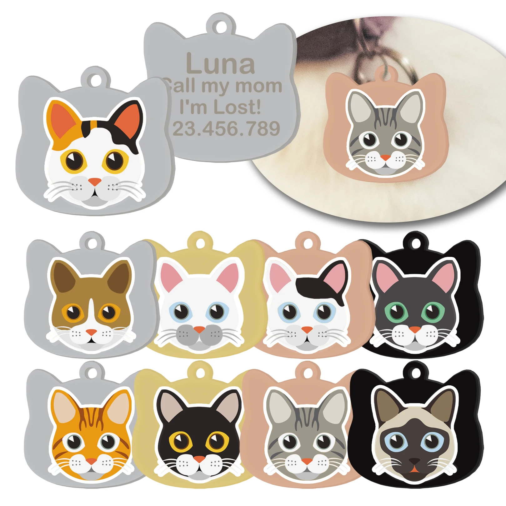 Personalized Cat Tag Cute Cat Head-Shaped Stainless Steel Pet ID Tag Anti-Lost Kitty Nameplate with Cartoon Sticker with Name