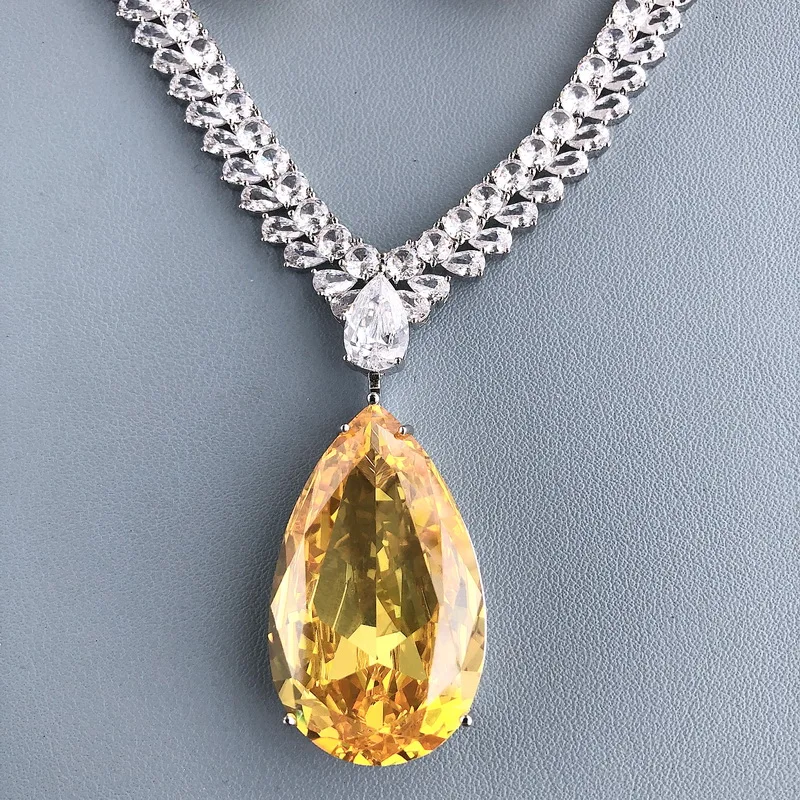 Designer Collection Necklace Earrings Women Lady Inlay Yellow Drop-shaped Pear-Shape Cubic Zircon Pendant High-end Jewellery